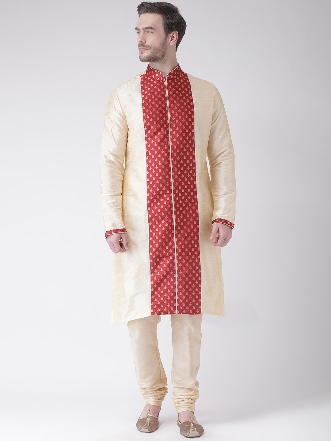 

DEYANN Men Cream-Coloured & Red Woven Design Straight Kurta