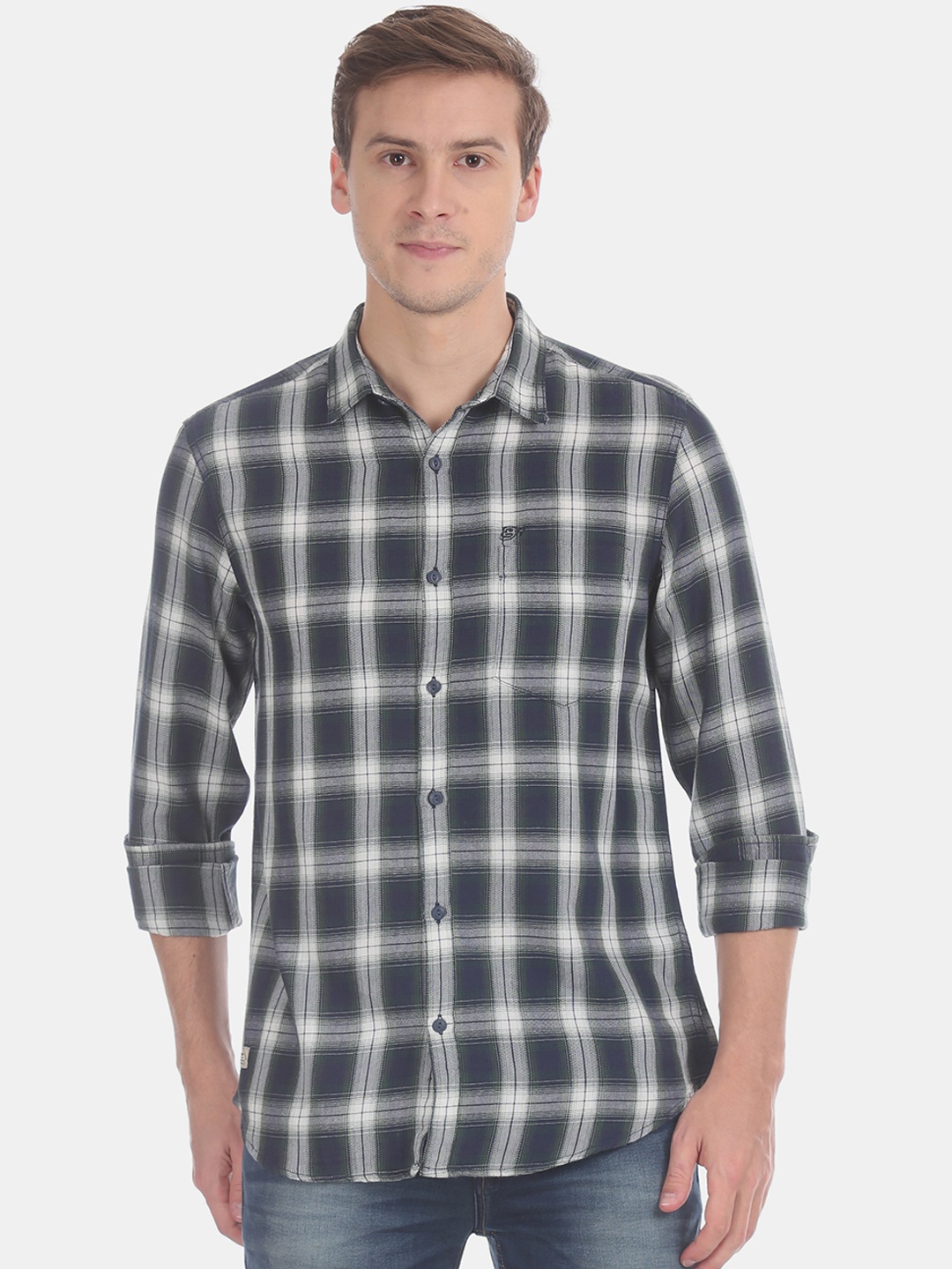 

Ed Hardy Men Navy Blue & White Regular Fit Checked Casual Shirt