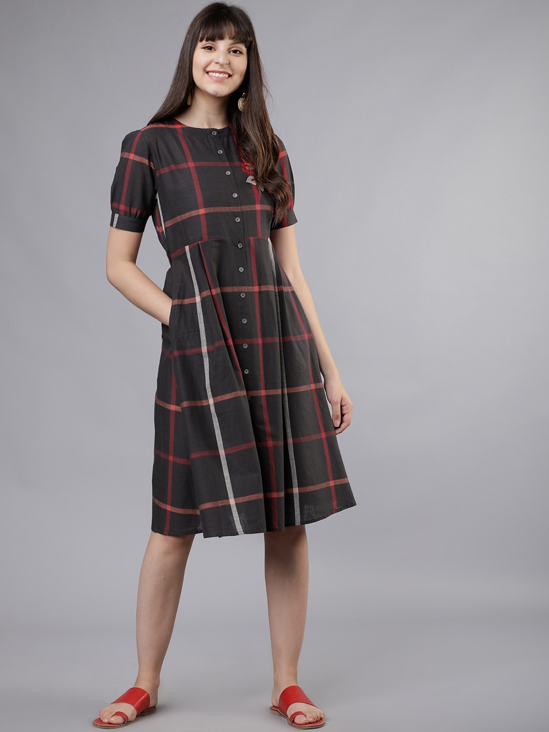 

Vishudh Women Black & Red Checked Fit and Flare Dress