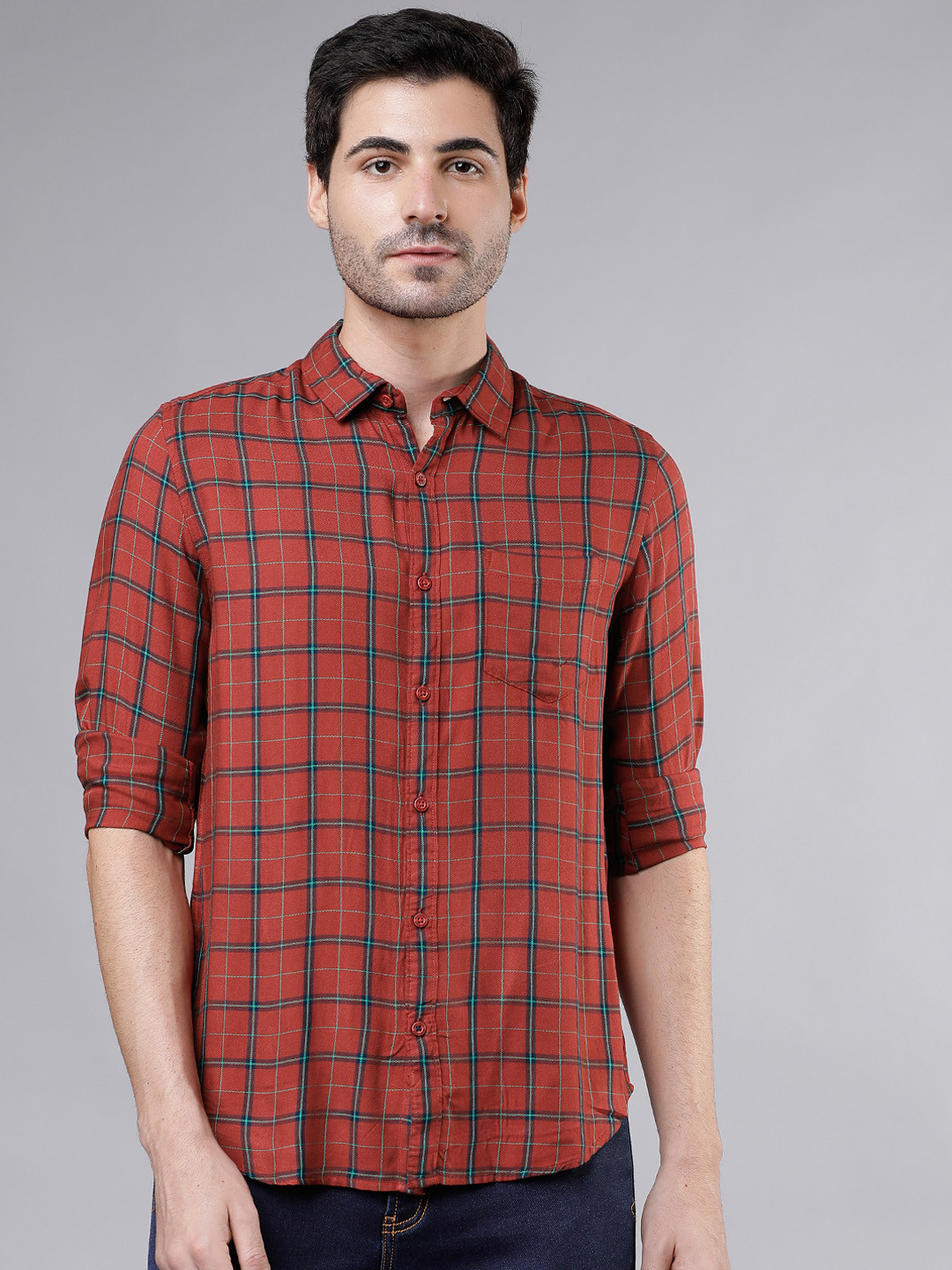 

HIGHLANDER Men Rust Red & Green Slim Fit Checked Casual Shirt
