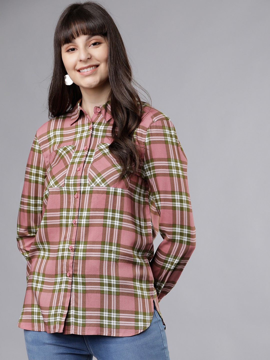 

Tokyo Talkies Women Pink & Green Regular Fit Checked Casual Shirt