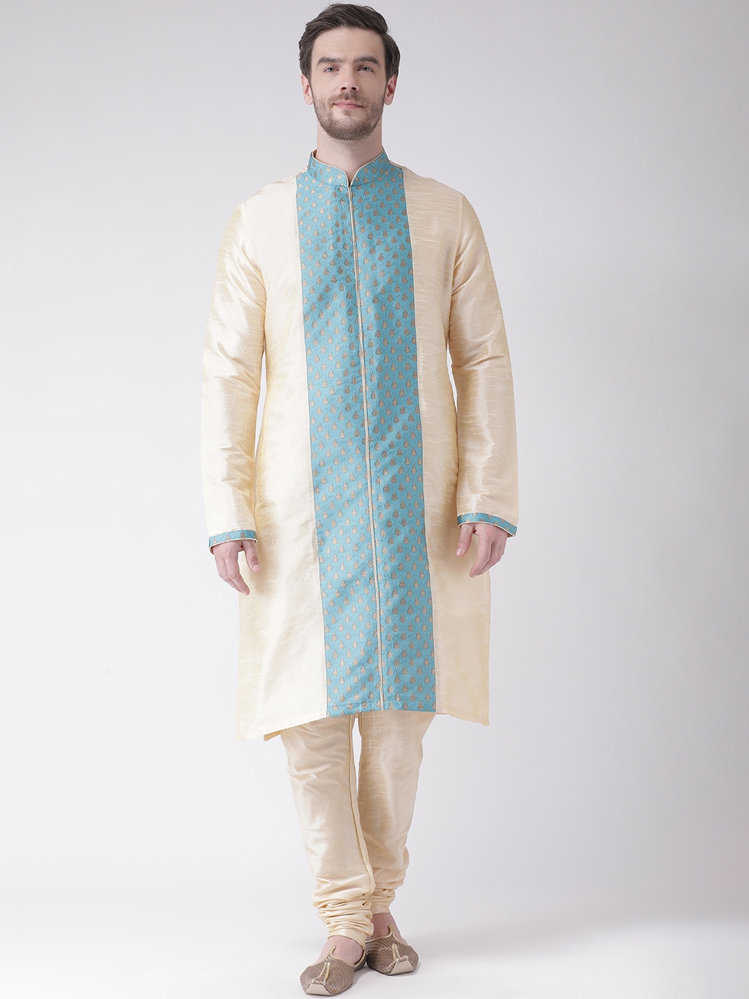 

DEYANN Men Cream-Coloured & Blue Woven Design Straight Kurta