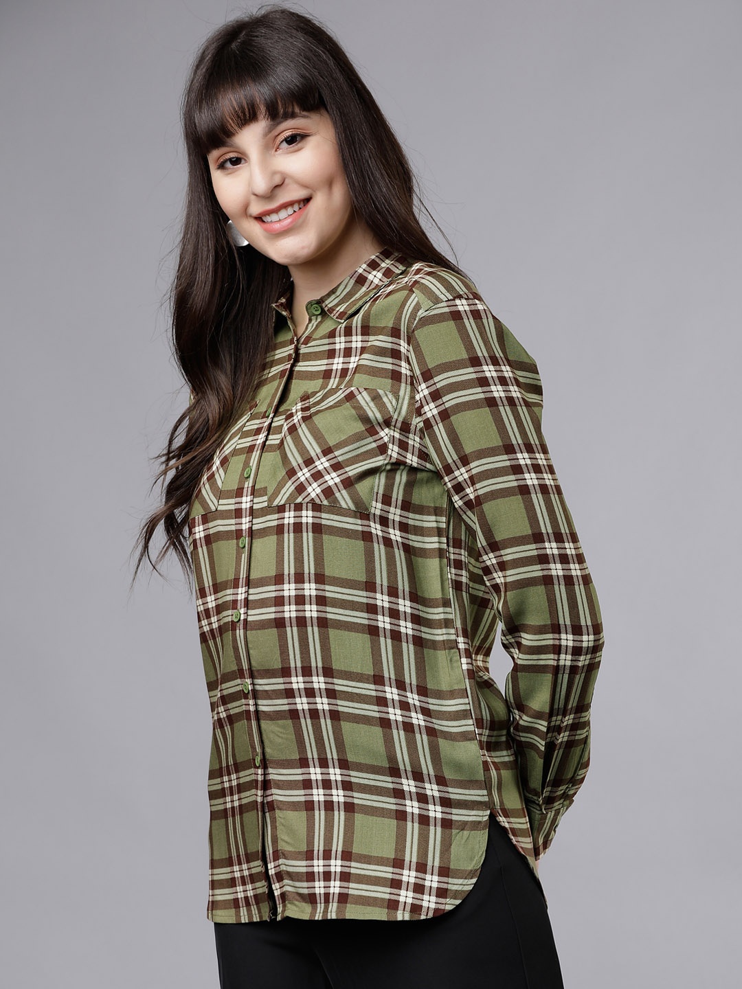 

Tokyo Talkies Women Olive Green & Brown Regular Fit Checked Casual Shirt