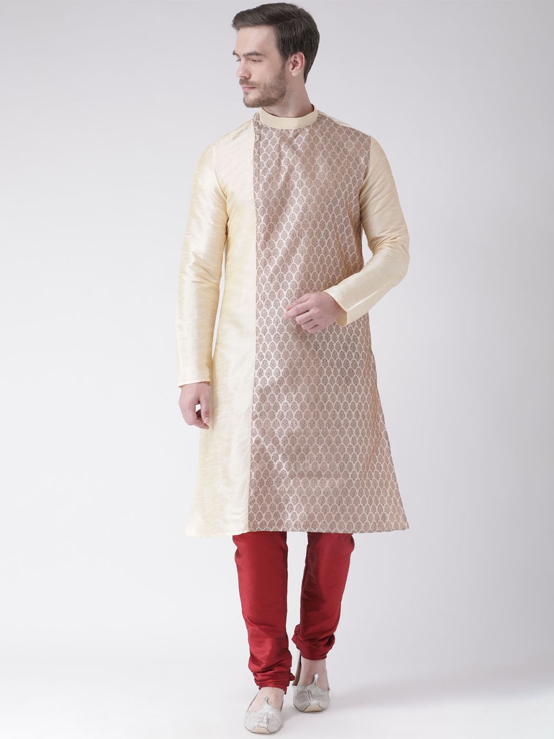 

DEYANN Men Cream-Coloured & Red Woven Design Kurta with Churidar
