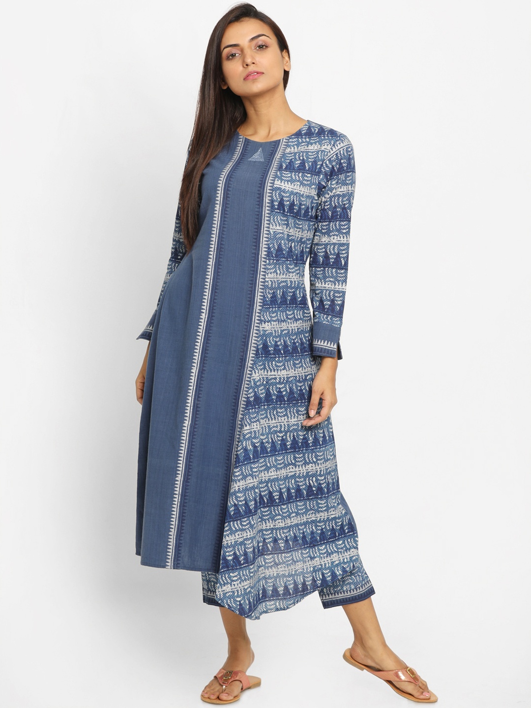 

Nakshi Women Blue & Off-White Printed Asymmetric A-Line Kurta