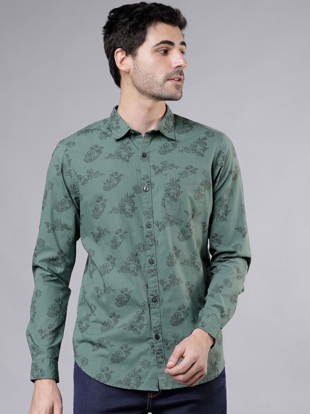 HIGHLANDER Men Green Slim Fit Printed Casual Shirt