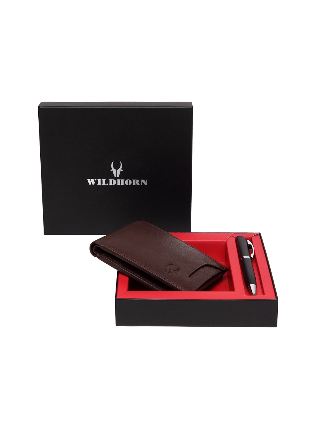 WildHorn Men Brown RFID Protected Genuine Leather Wallet & Pen Accessory Gift Set
