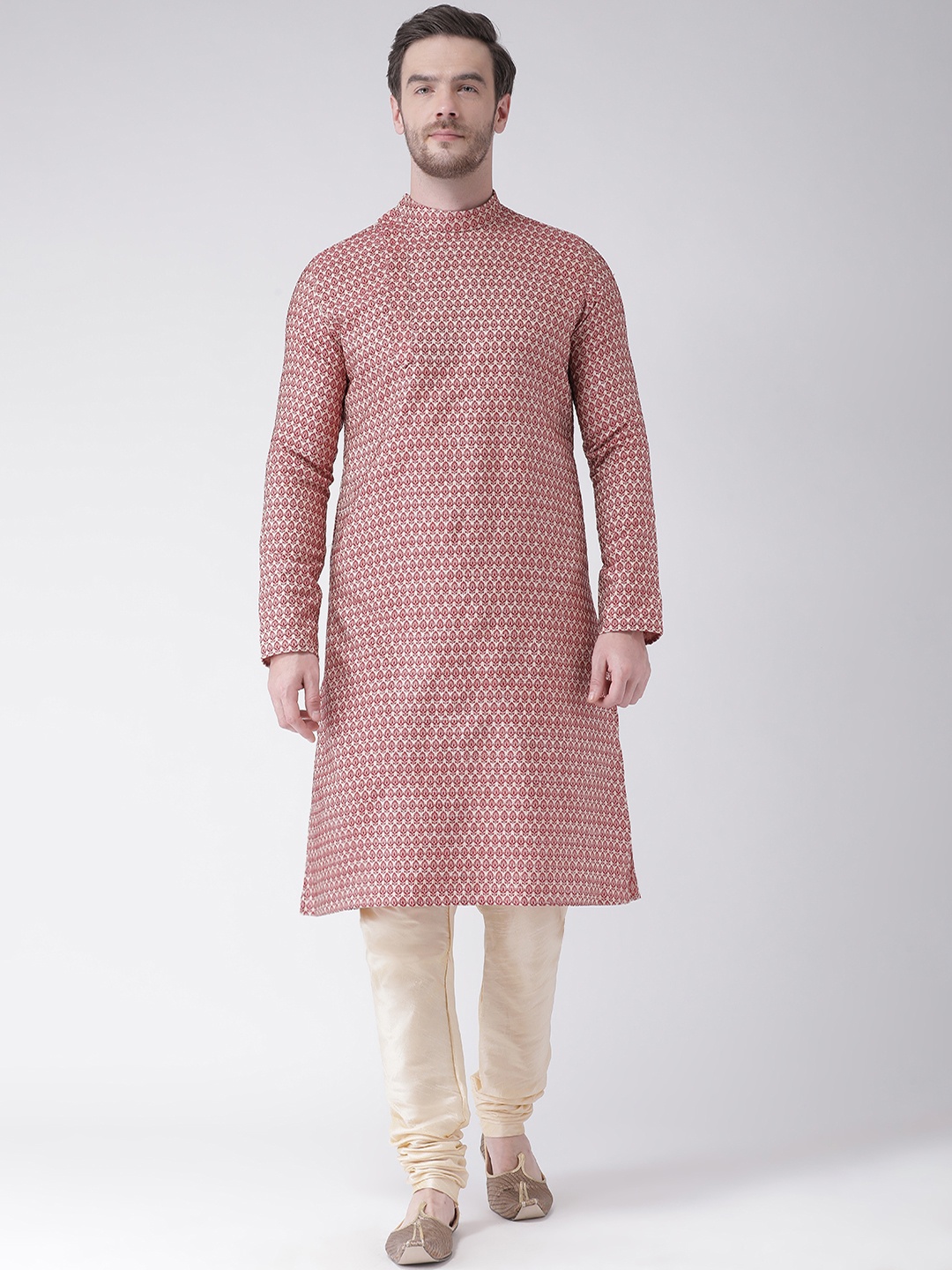

DEYANN Men Red & Cream-Coloured Woven Design Kurta with Churidar