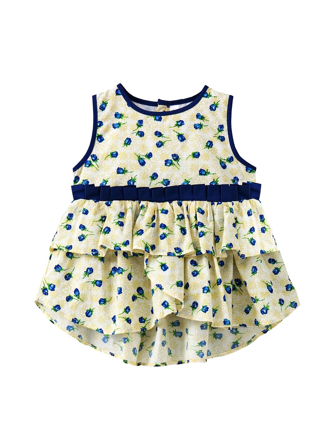 

KiddoPanti Girls Cream-Coloured & Navy Blue Floral Print Fit and Flare Dress