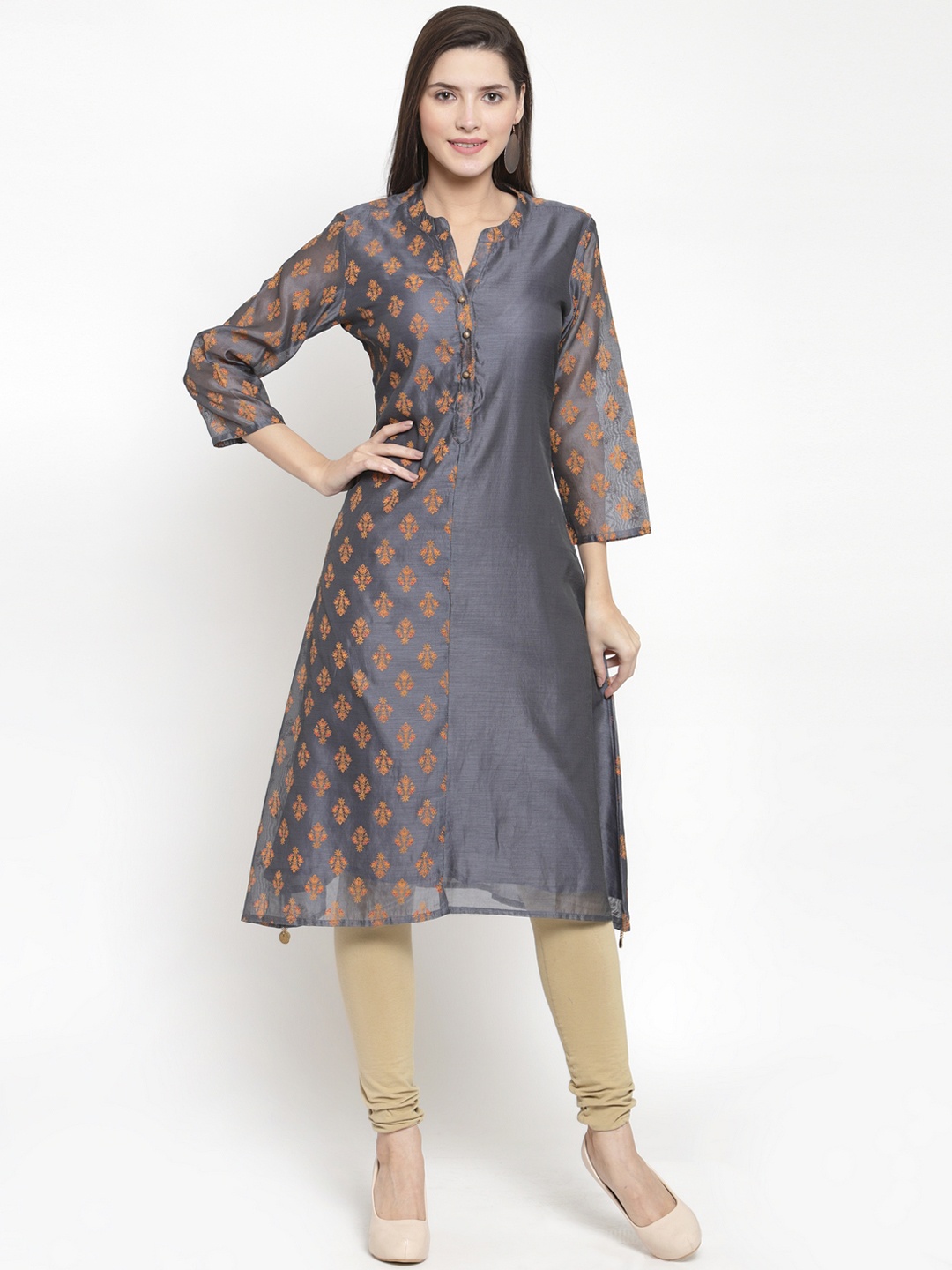 The Kurta Express Women Grey & Mustard Yellow Printed A-Line Kurta