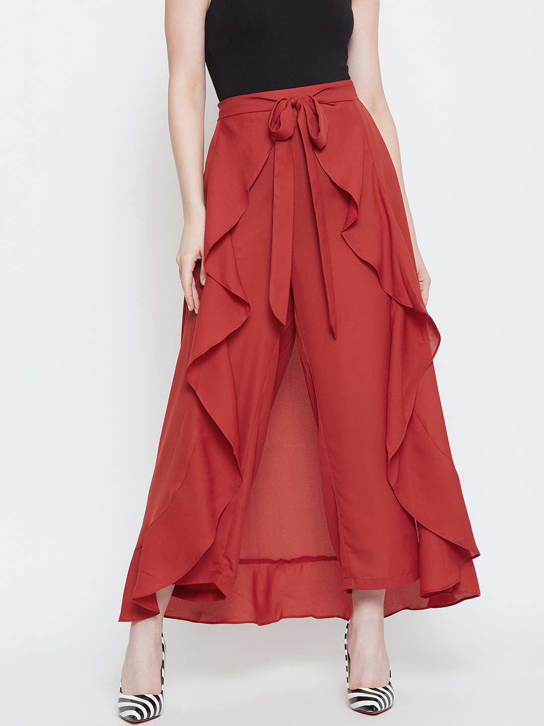 

La Zoire Women Rust Red Solid Layered Straight Palazzos