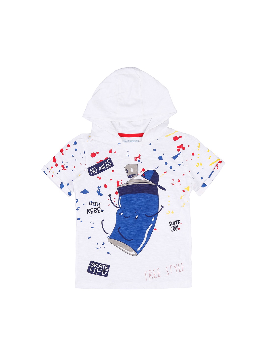 

Pantaloons Junior Boys White Blue Printed Hood Pure Cotton T-shirt