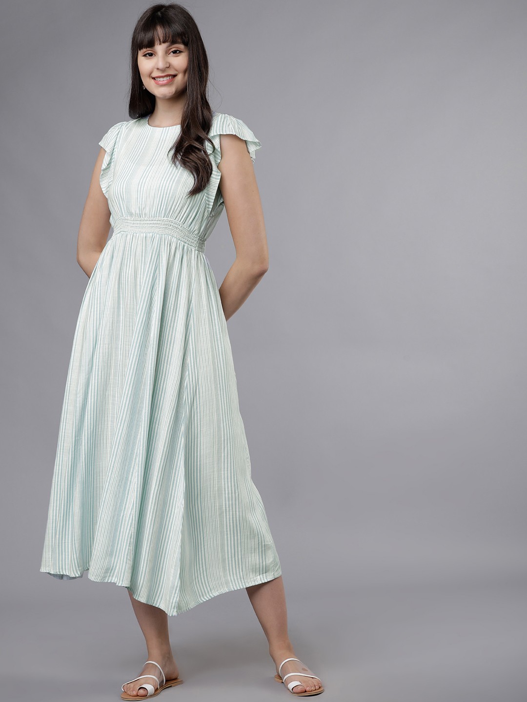 

Tokyo Talkies Women Sea Green & Off-White Striped Fit and Flare Dress