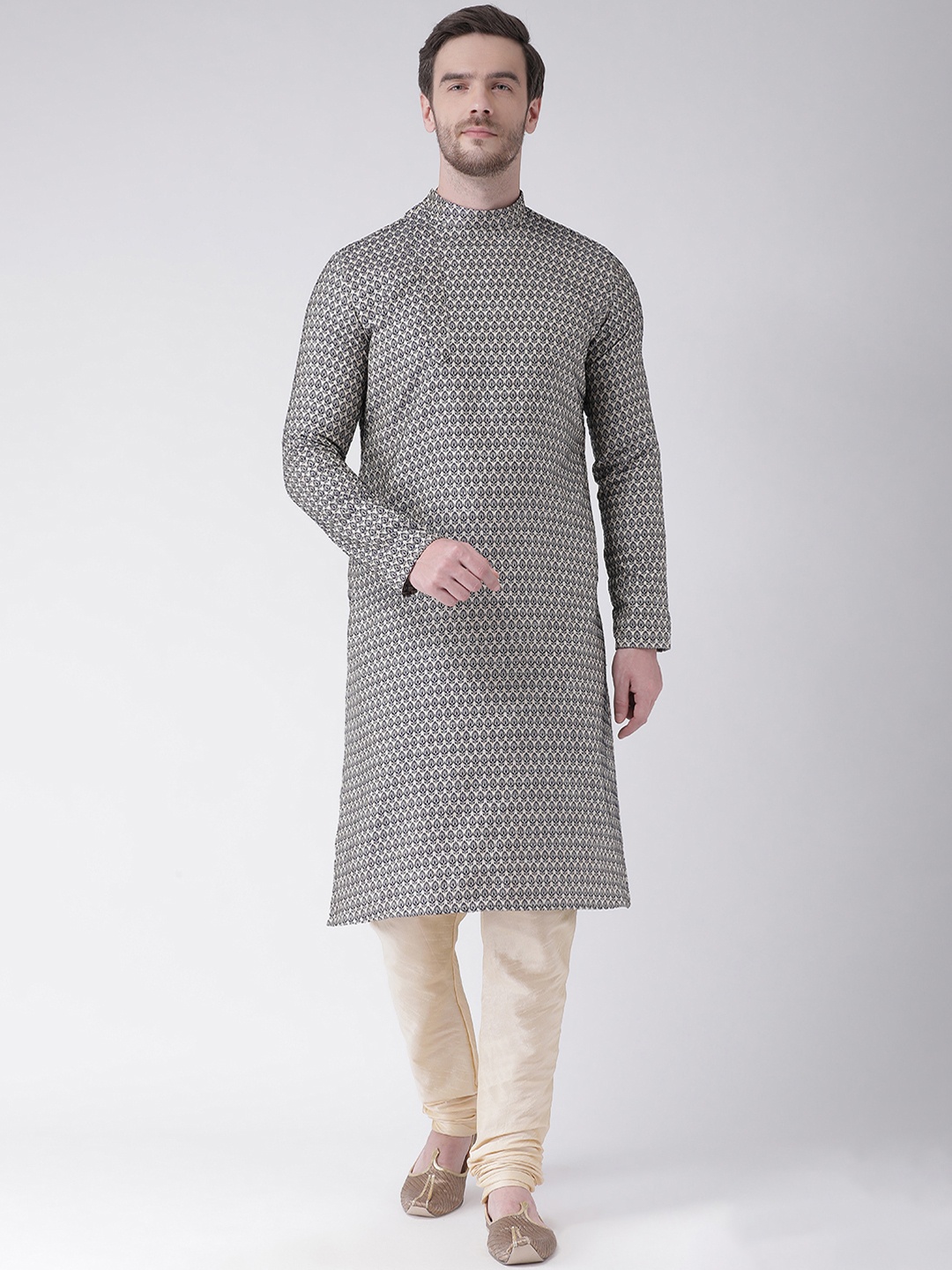 DEYANN Men Navy Blue & Cream-Coloured Printed Straight Kurta