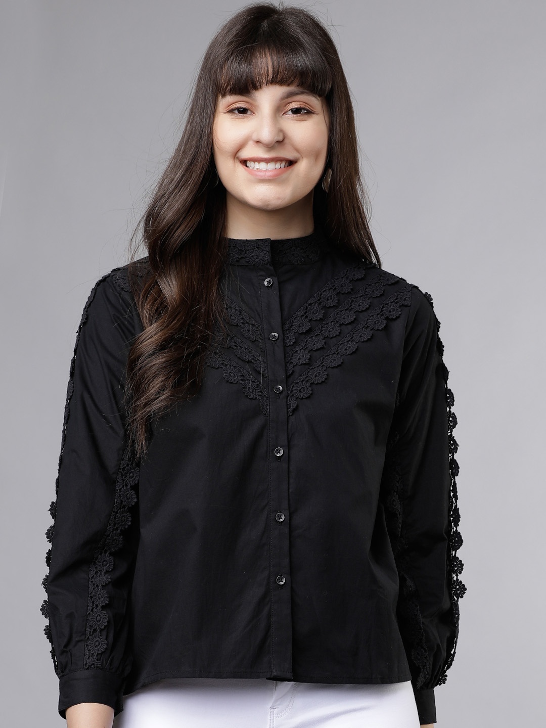 

Tokyo Talkies Women Black Self Design Shirt Style Pure Cotton Top