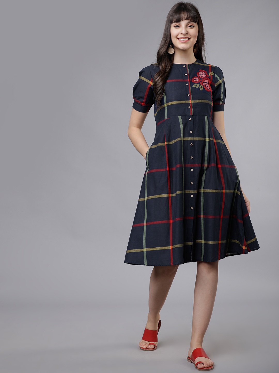

Vishudh Women Navy Blue & Red Checked Fit and Flare Dress