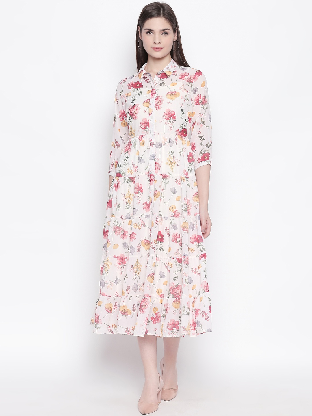 

Honey by Pantaloons Women Off-White & Peach-Coloured Floral Printed Shirt Dress