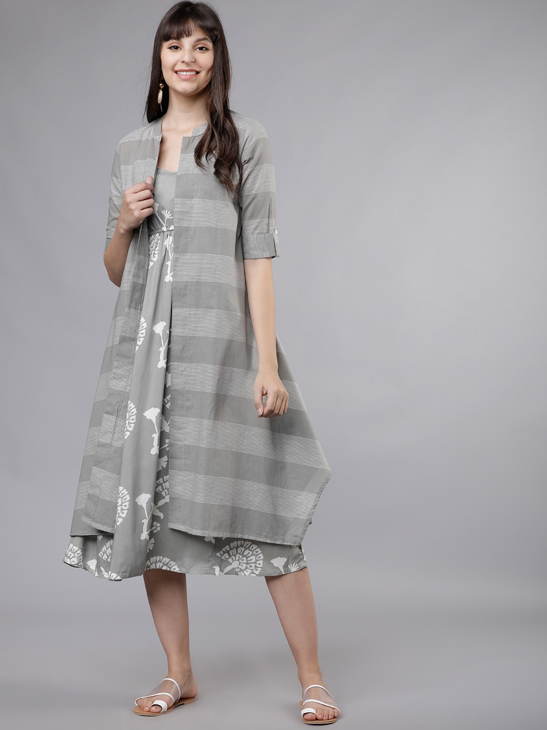 

Vishudh Women Grey & White Printed Empire Dress With Jacket