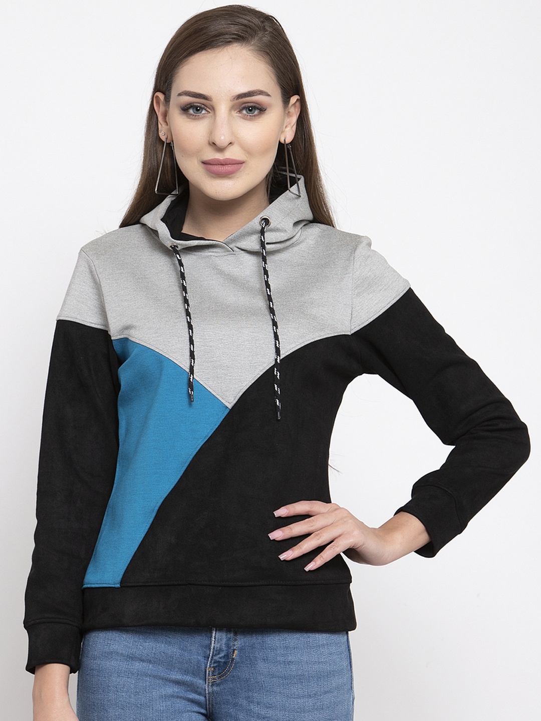 

armure Women Black & Blue Colourblocked Hooded Sweatshirt