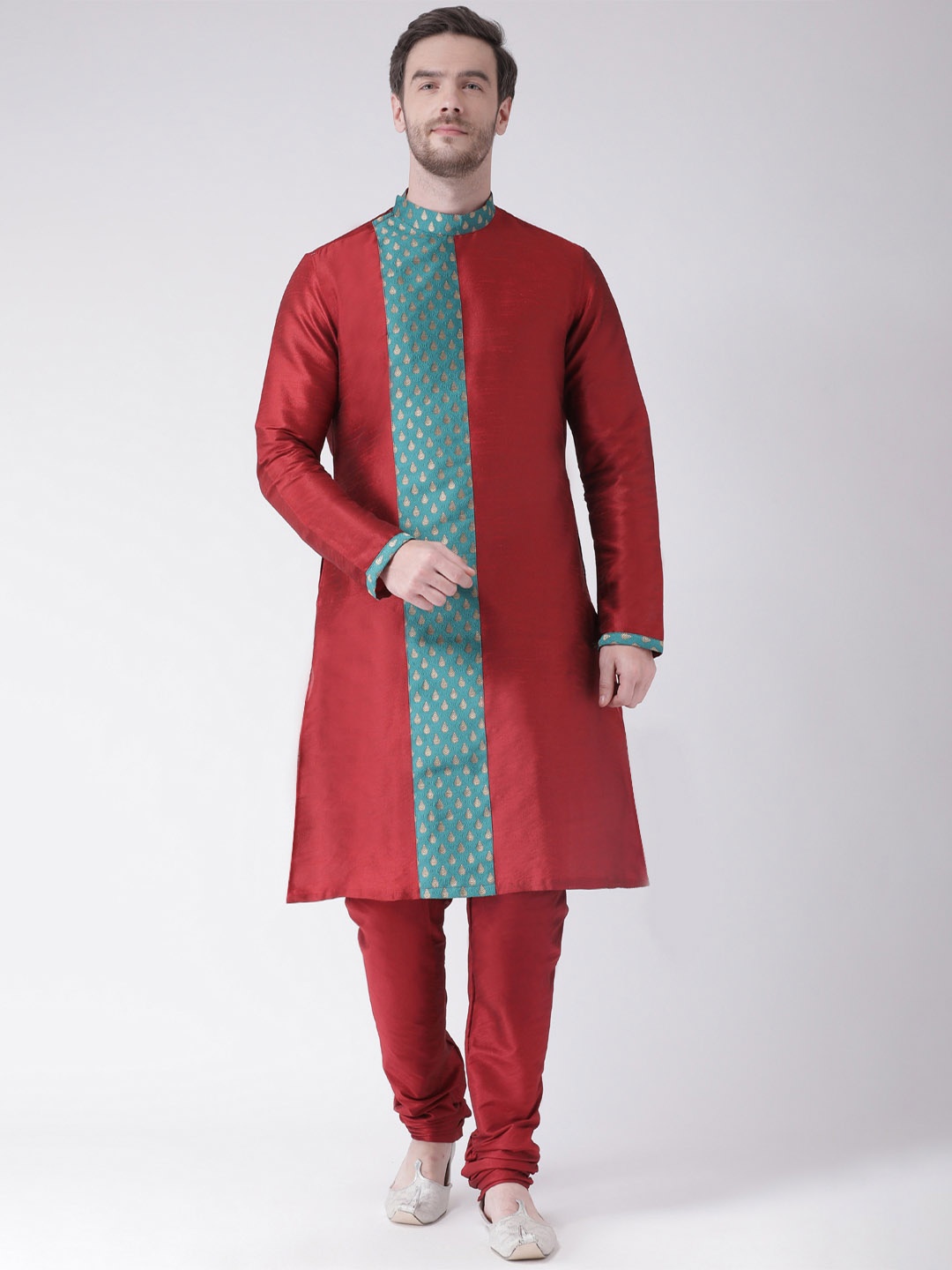 

DEYANN Men Red & Blue Woven Design Kurta with Churidar