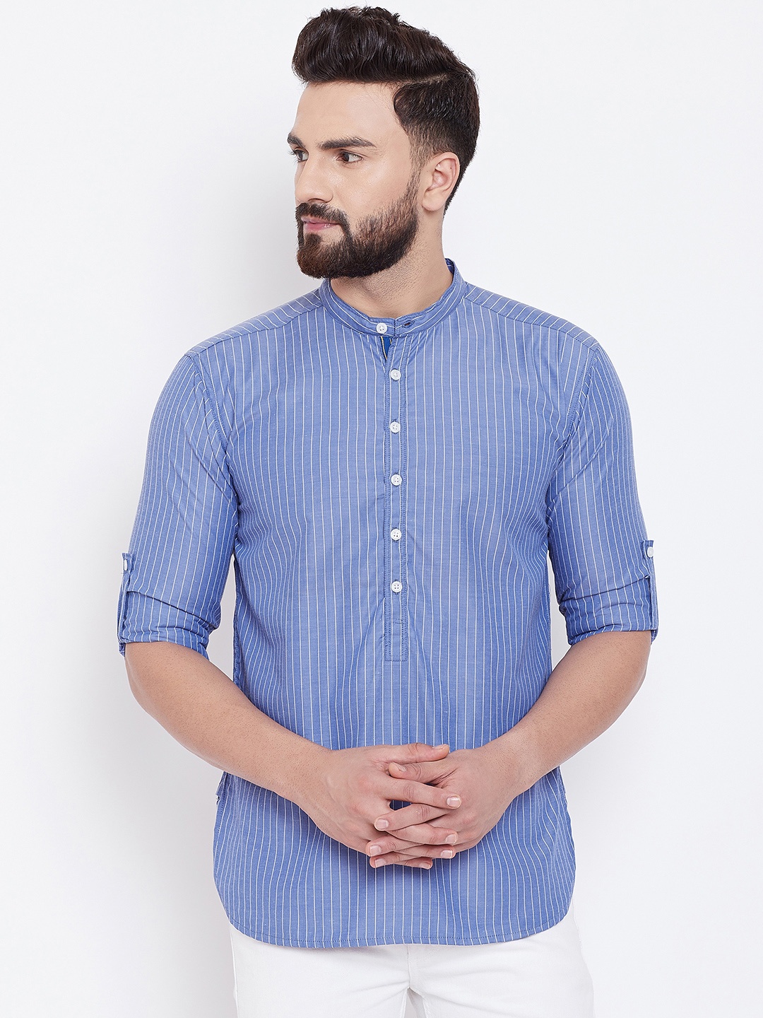 

even Men Blue & Off-White Striped Straight Kurta