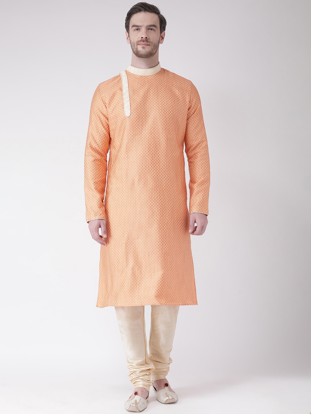 

DEYANN Men Orange Woven Design Jacquard Straight Kurta