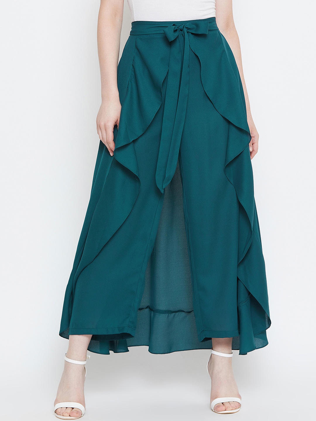 La Zoire Women Teal Green Solid Layered Straight Palazzos