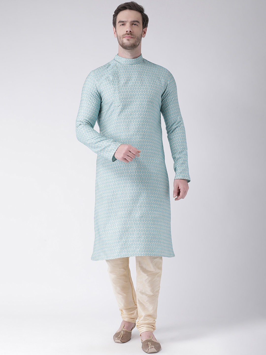 

DEYANN Men Blue & Cream-Coloured Woven Design Straight Kurta