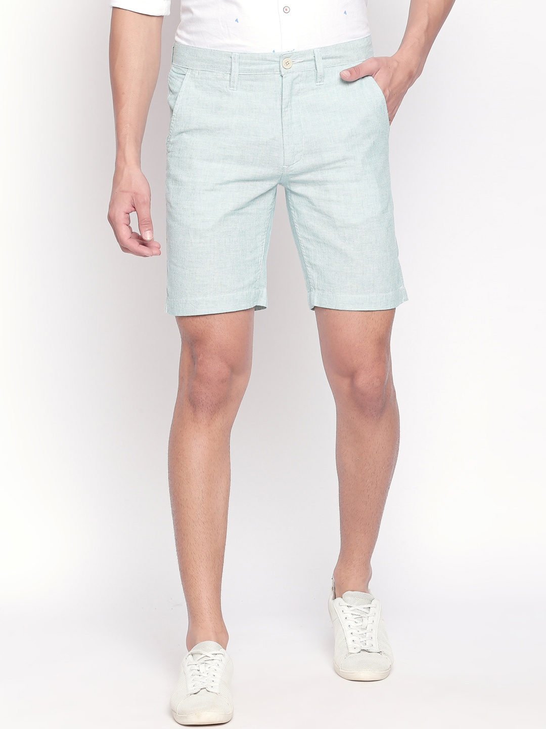 

BYFORD by Pantaloons Men Sea Green Self Design Slim Fit Regular Shorts