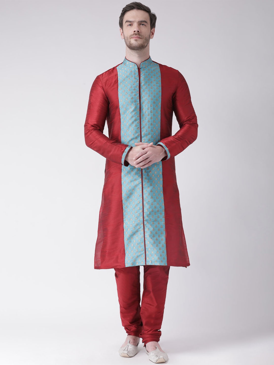 DEYANN Men Red & Blue Woven Design Kurta with Churidar
