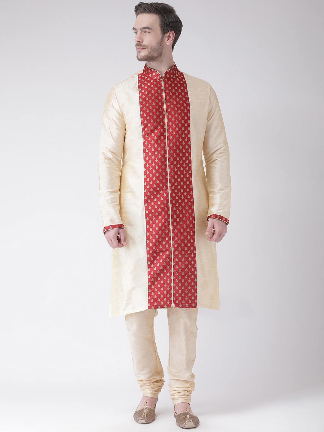 

DEYANN Men Cream-Coloured & Red Woven Design Kurta with Churidar