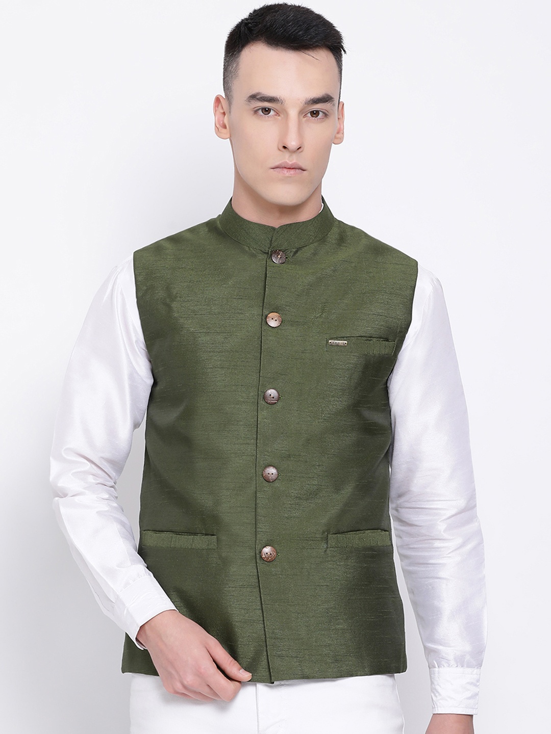 

DEVOILER Men Green Solid Woven Nehru Jacket