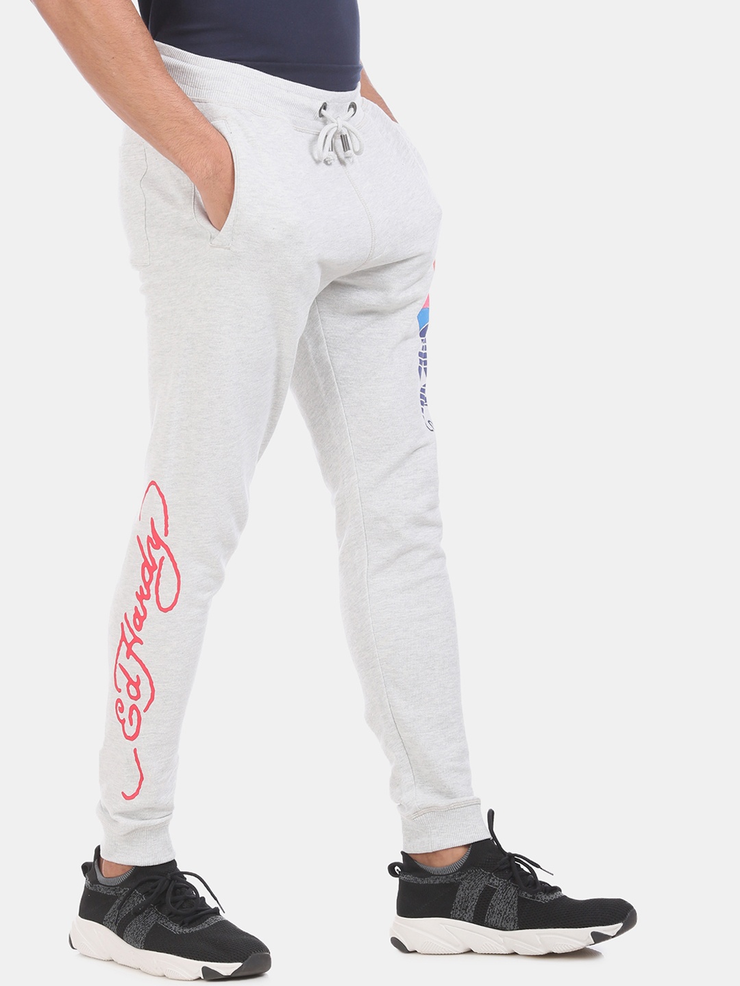 

Ed Hardy Men Grey Melange Printed Straight-Fit Joggers