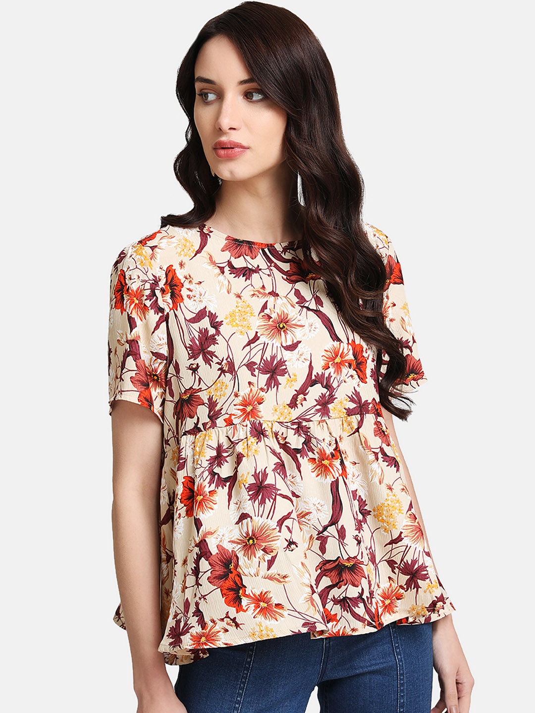 Kazo Women Beige & Red Printed Peplum Top