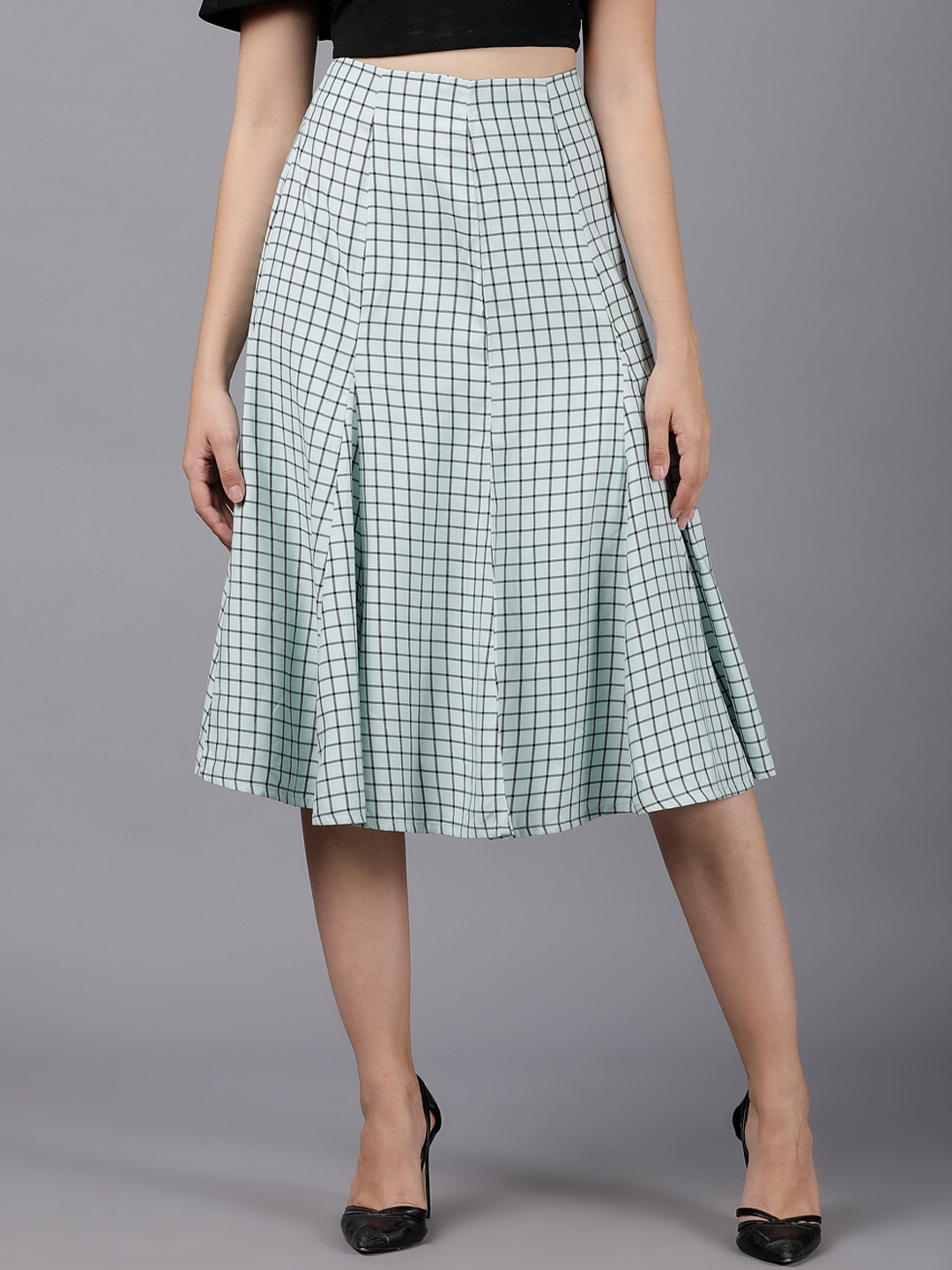 

Tokyo Talkies Women Green & Grey Checked A-Line Midi Skirt