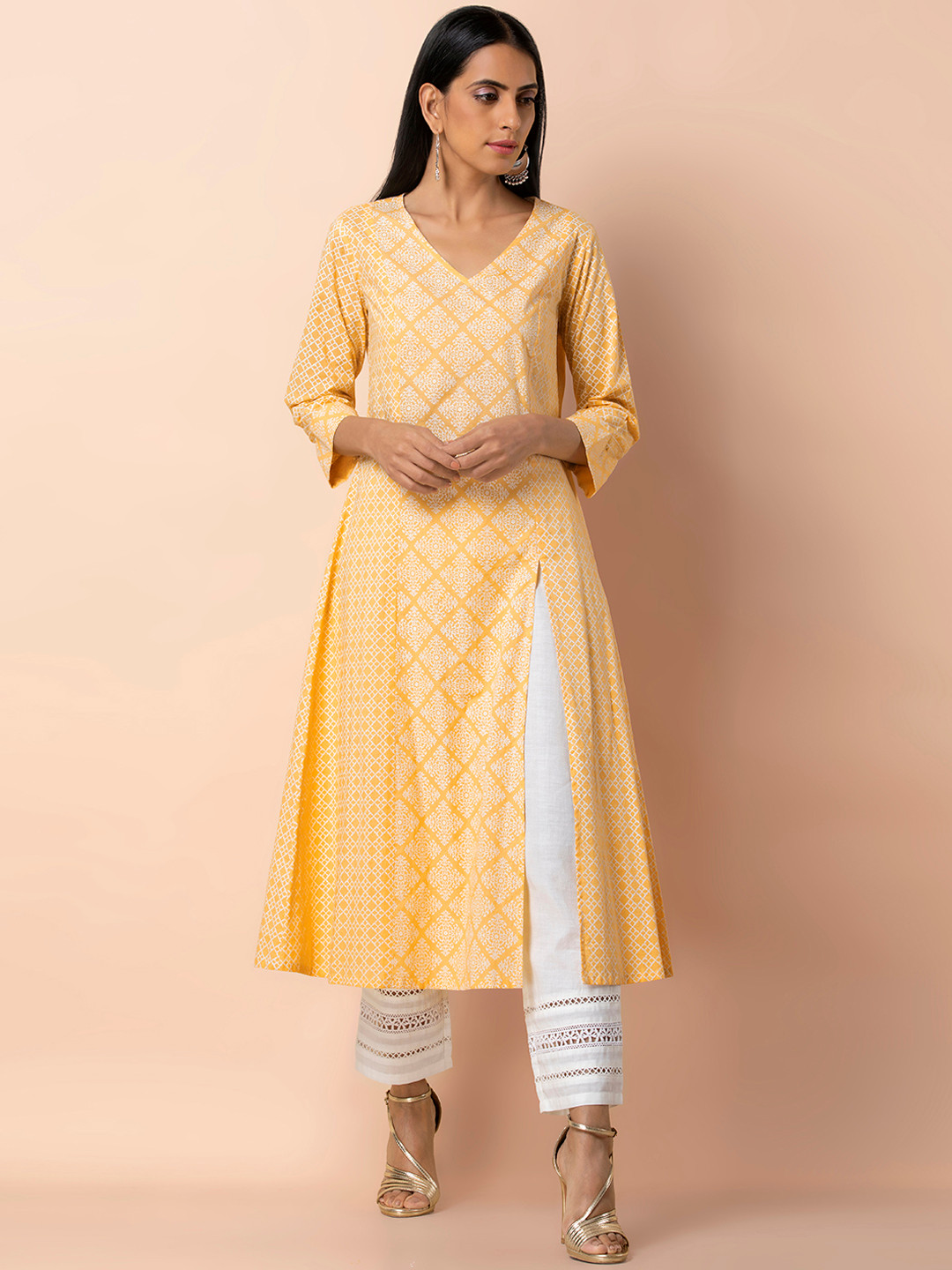 

INDYA Women Yellow Printed A-Line Kurta