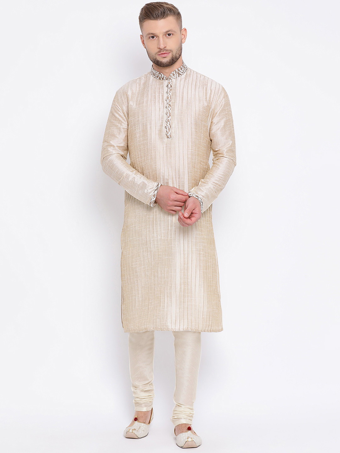 

Sanwara Men Beige & Cream-Coloured Solid Kurta with Churidar