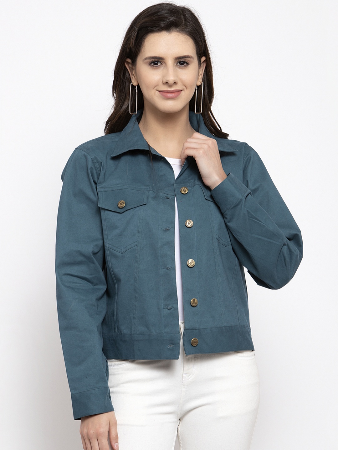 VOXATI Women Teal Green Solid Denim Jacket