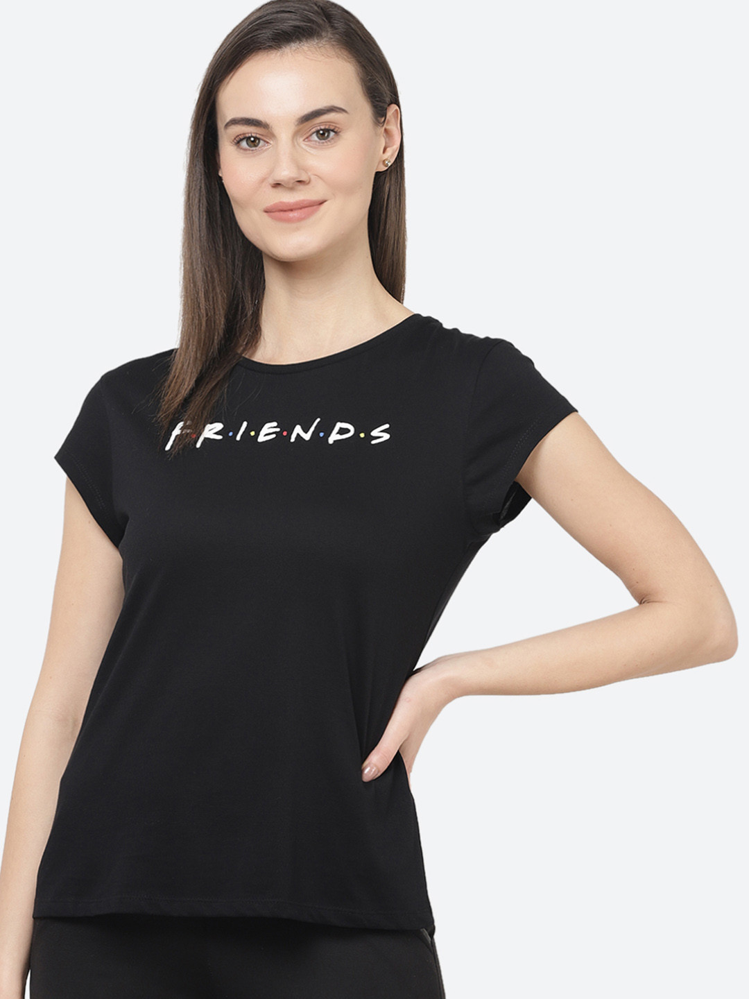 

Free Authority Women Black Friends Printed Round Neck Pure Cotton T-shirt
