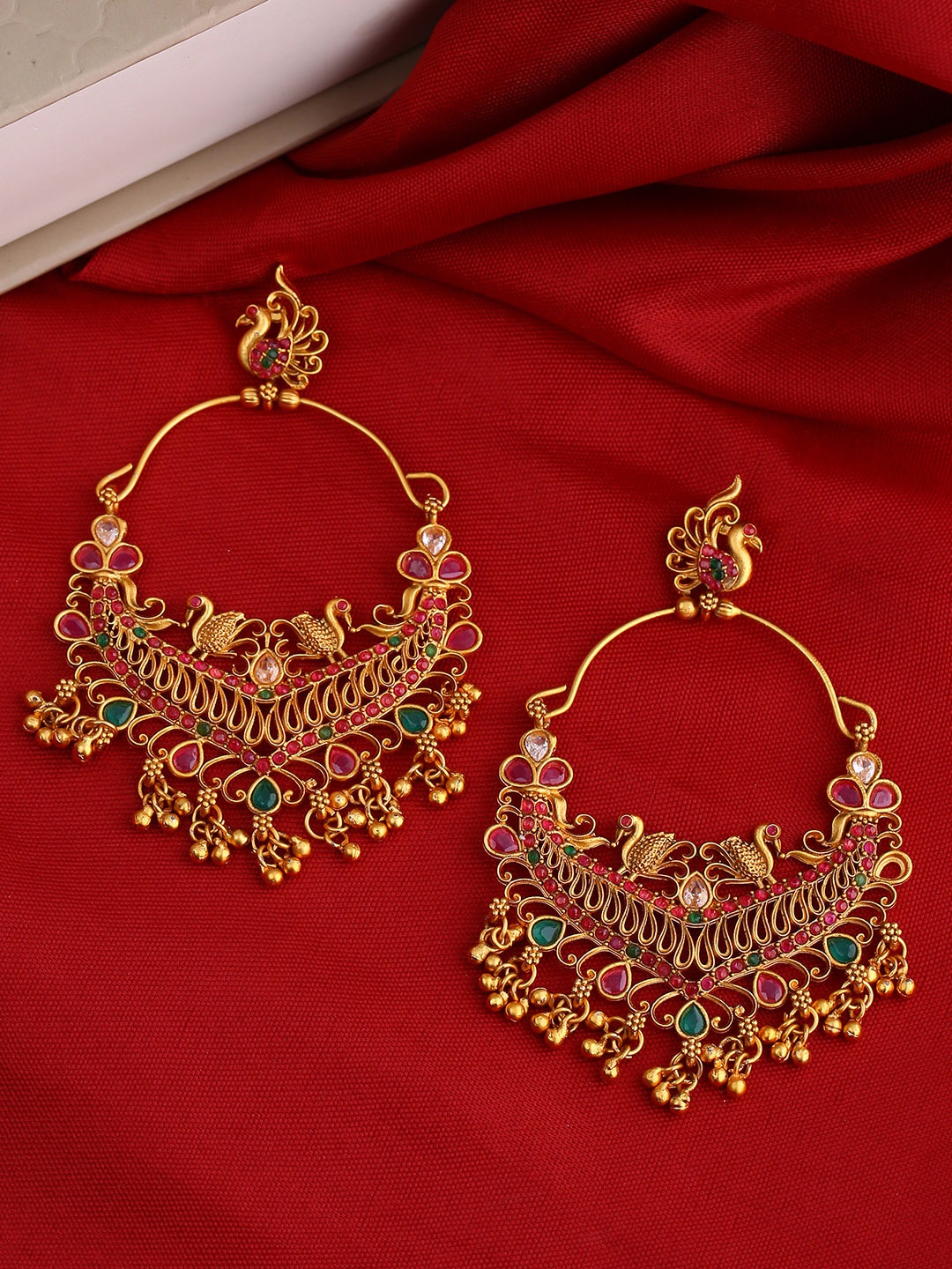 

Shoshaa Gold-Plated & Red Peacock Shaped Drop Earrings