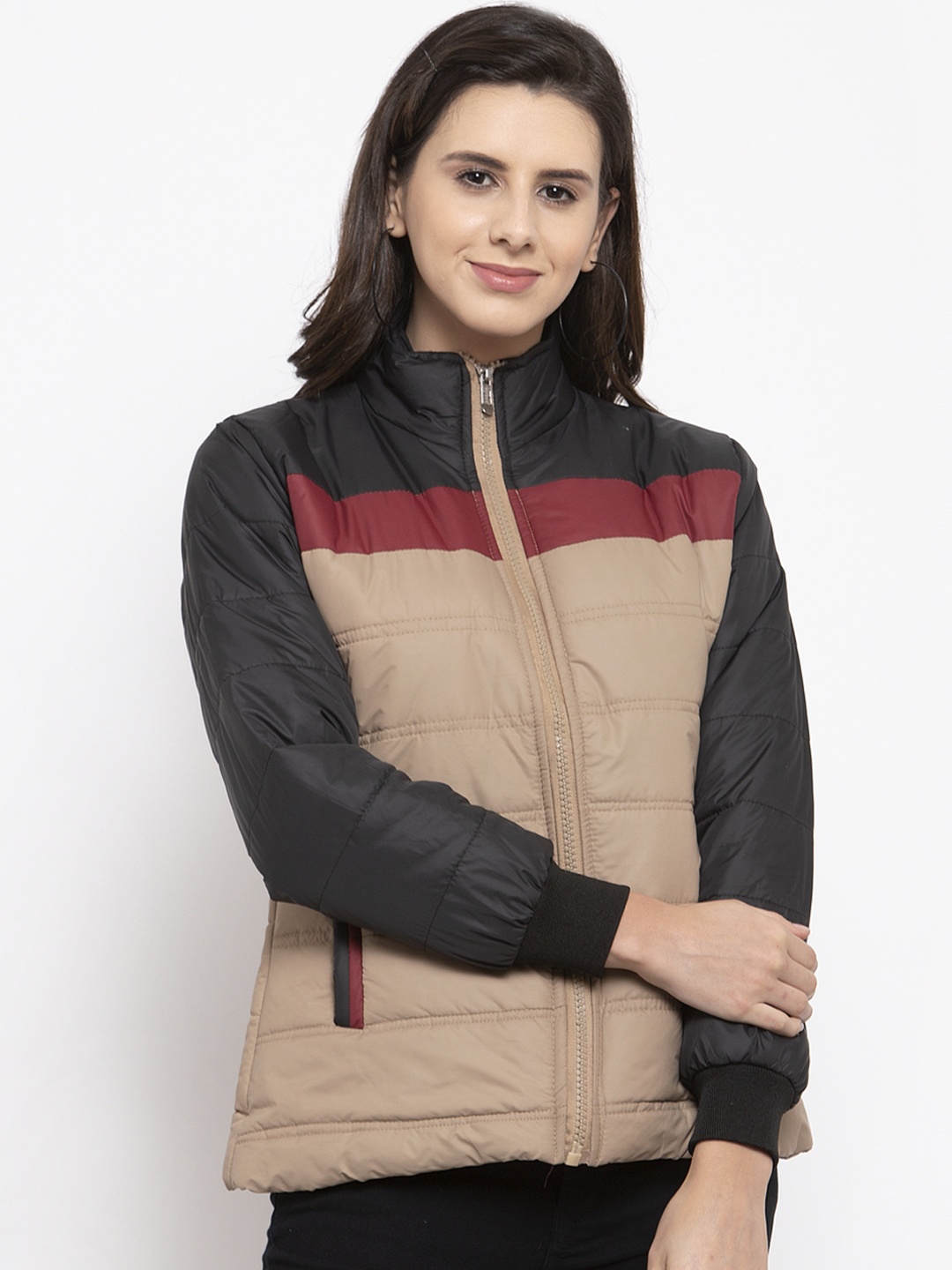

VOXATI Women Beige & Black Colourblocked Puffer Jacket