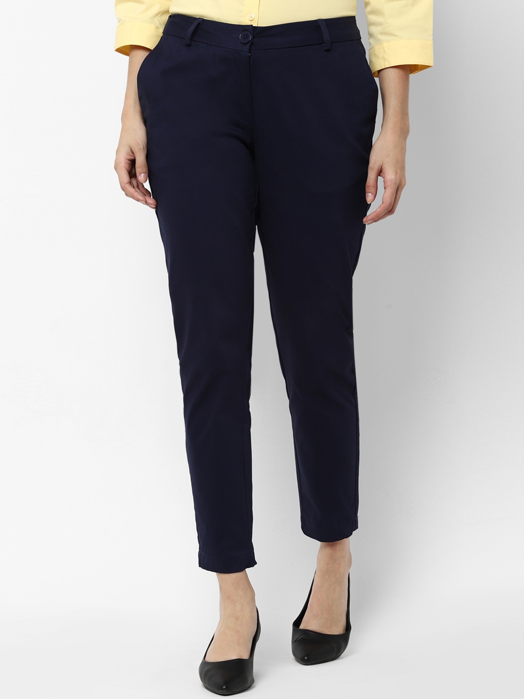Allen Solly Woman Navy Blue Regular Fit Solid Crop Formal Trousers