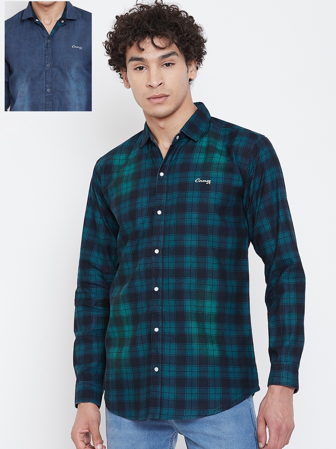 

Camey Men Green & Blue Slim Fit Checked Casual Reversible Shirt