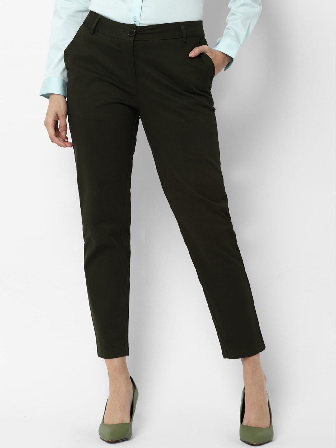 

Allen Solly Woman Olive Green Regular Fit Solid Crop Formal Trousers