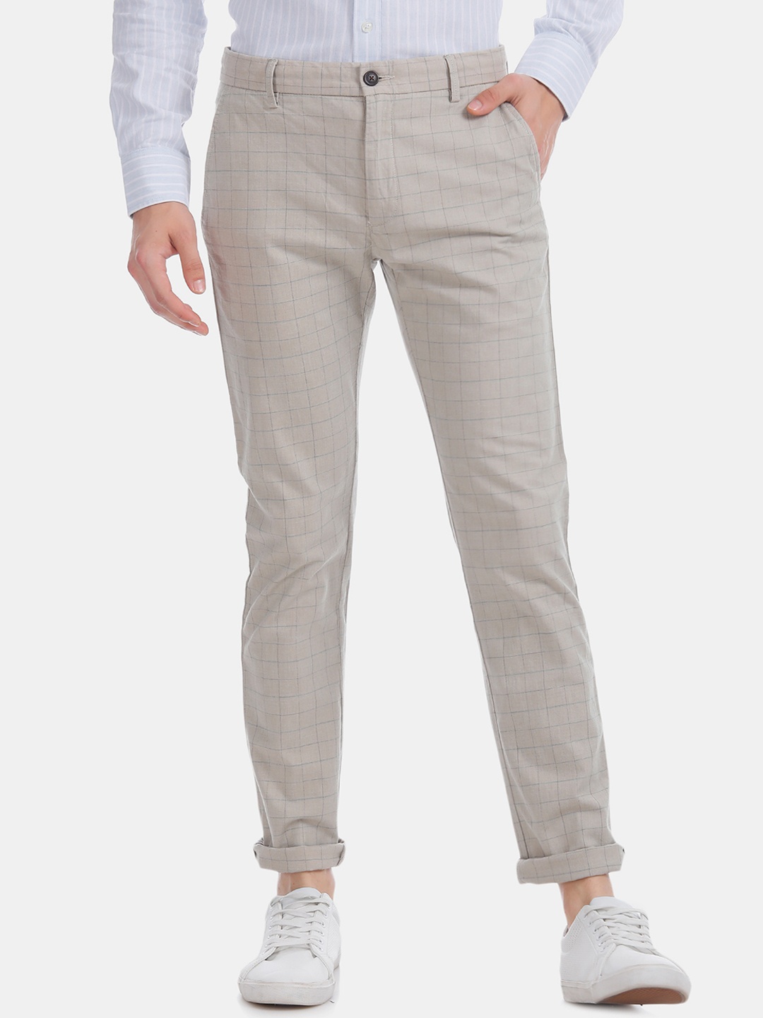 

Arrow Sport Men Beige Skinny Fit Checked Regular Trousers