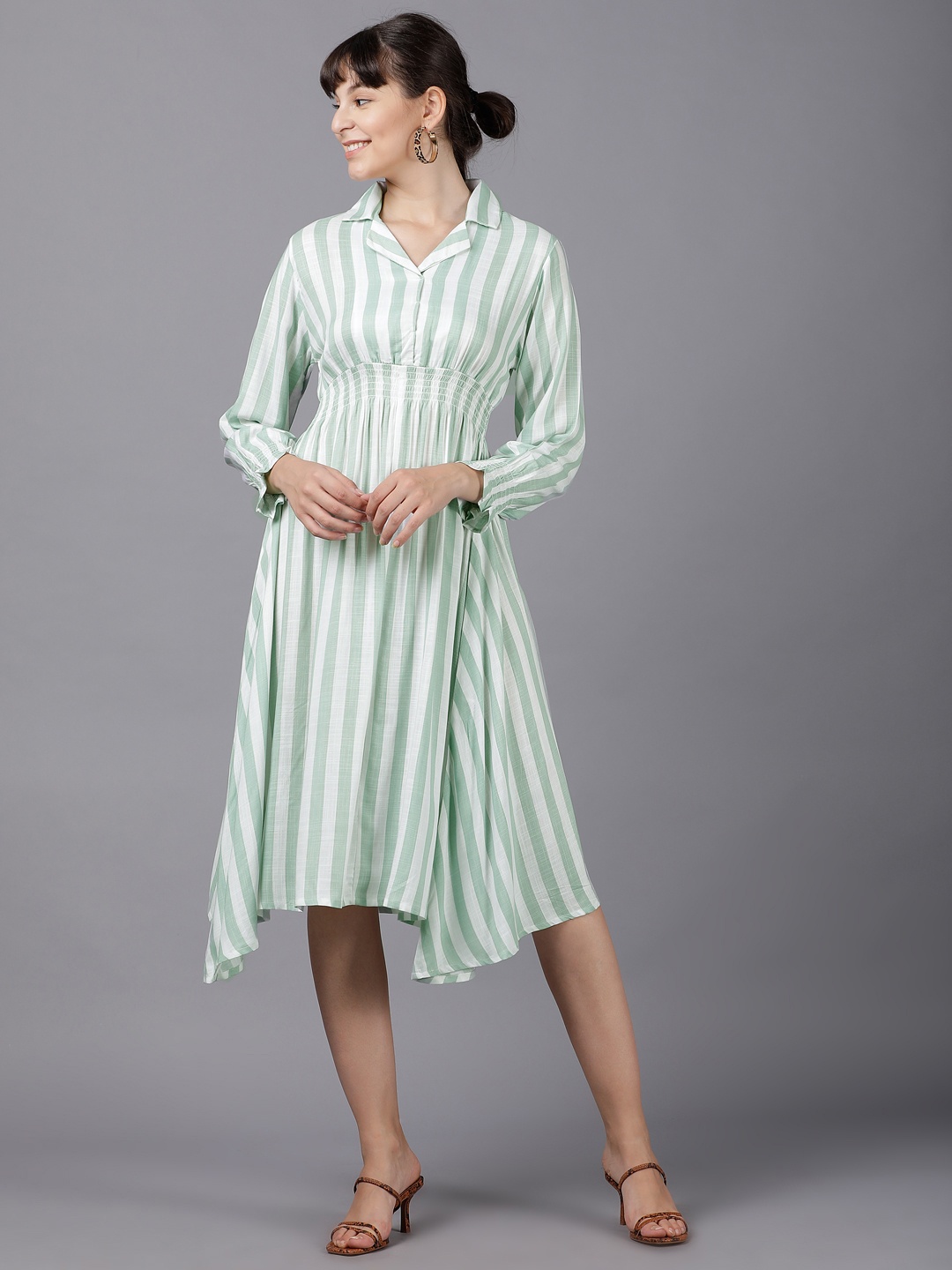 

Tokyo Talkies Women Green & White Striped Shirt Dress