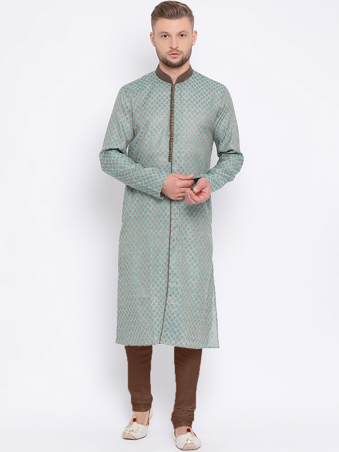 

Sanwara Men Green & Brown Self Design Kurta with Churidar