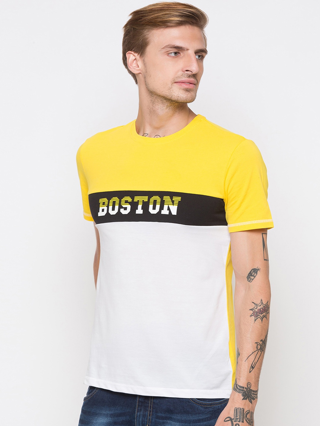 

Globus Men Yellow & White Printed Round Neck T-shirt