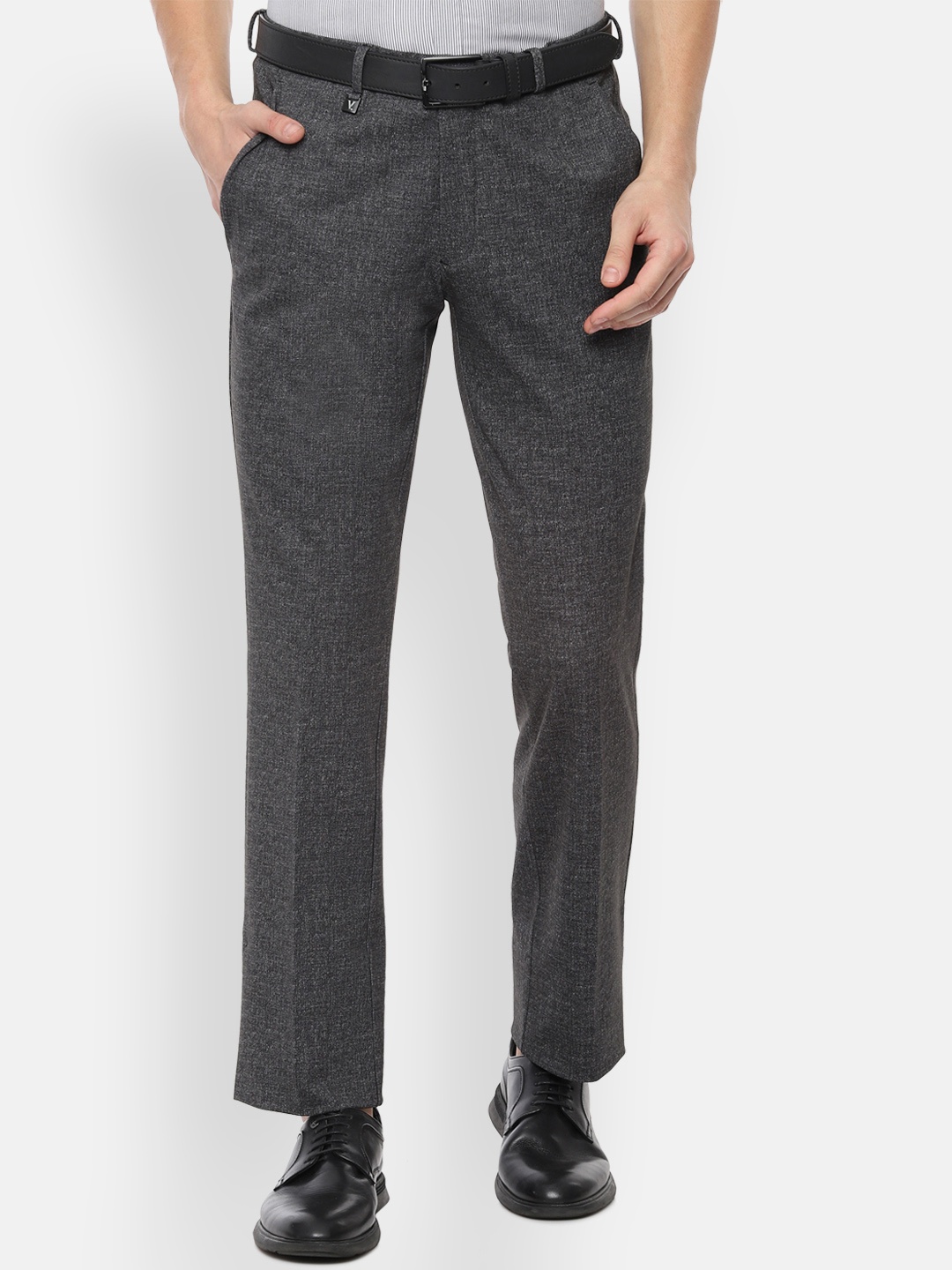 V Dot Men Grey Slim Fit Solid Formal Trousers