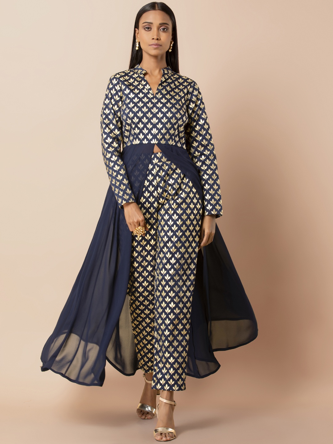 

INDYA Women Navy Blue & Beige Foil Printed High Slit Tunic